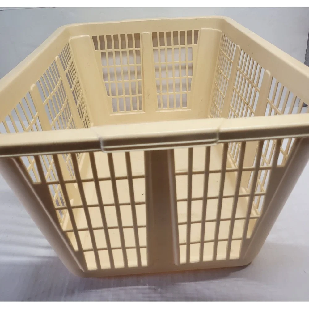 Vintage Cream Plastic Laundry Basket Rectangular Ventilated Storage Bin 23x17x10